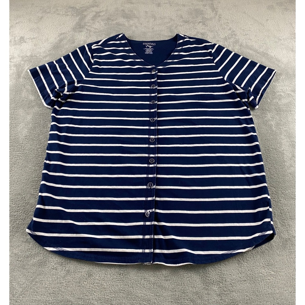 Essentials by Maggie Womens‎ 22/24W Navy Blue White Striped Button Top V-Neck
